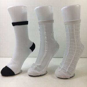 Womens Crew Socks Set 3 Sheer Stripes Checkered White Black